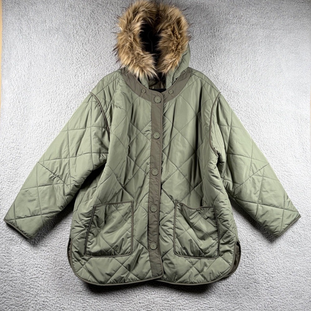 American Eagle Olive Green Quilted Faux Fur Hooded Parka Jacket Women XL Utility
